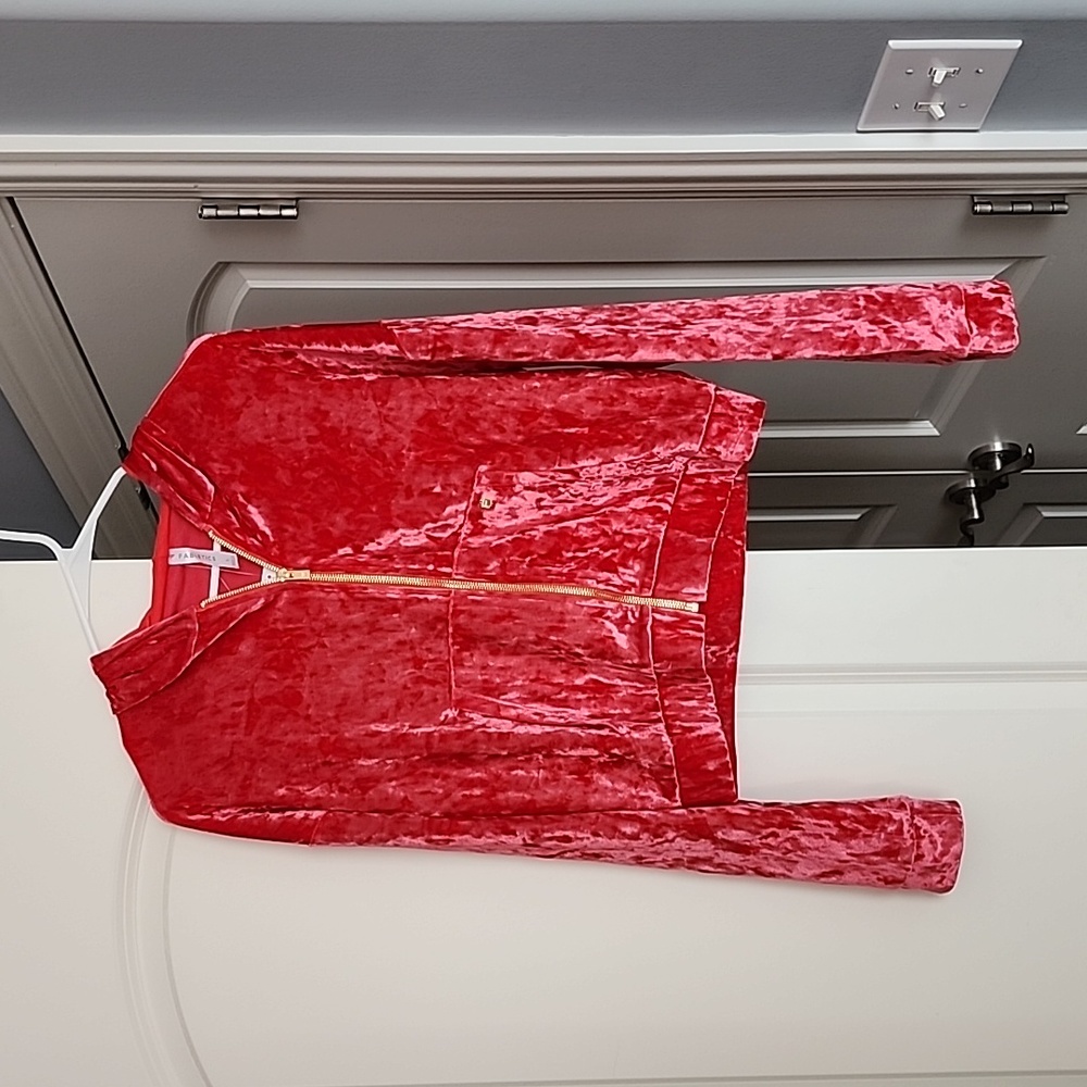 Fabletics Strawberry Red Crushed Velour Zip Up Hoodie